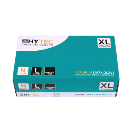 Hytec Natural Latex Gloves, Powder Free - XS, S, M, L, XL, 100 Gloves/Pack, Carton of 10 Packs