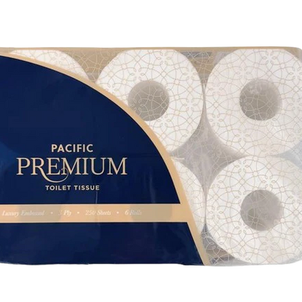 Pacific Premium 3-Ply Toilet Roll - 250 Sheets/Roll, 6 Rolls/Pack, Carton of 8 Packs