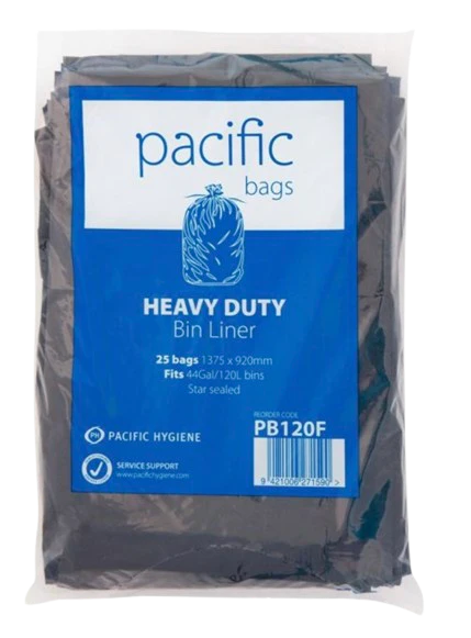 Pacific Rubbish Bag Black 120L - 25 Bags/Pack, Carton of 8 Packs