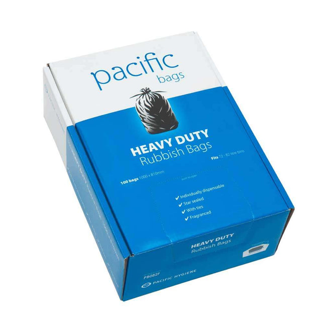 Pacific Rubbish Bags Dispenser Box Black 82L - 100 Bags/Box, Carton of 2 Boxes