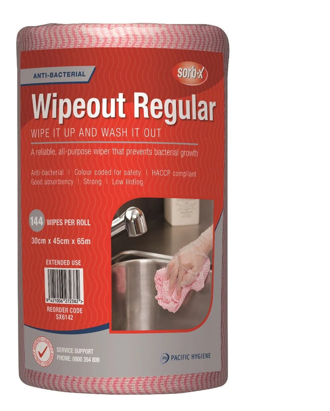Sorb-X Wipeout Regular Duty Cloth - Green, Red, Blue, 300mm x 450mm x 65m, 144 Sheets, Carton of 4 Rolls