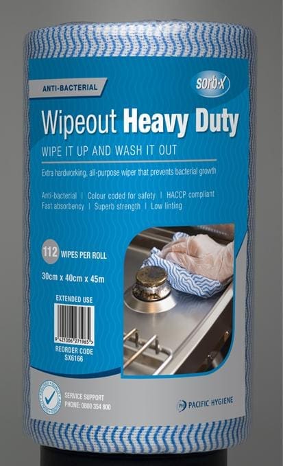 Sorb-X Wipeout Heavy Duty Cloth - Green, Red, Blue, 300mm x 400mm x 45m, 112 Sheets, Carton of 4 Rolls