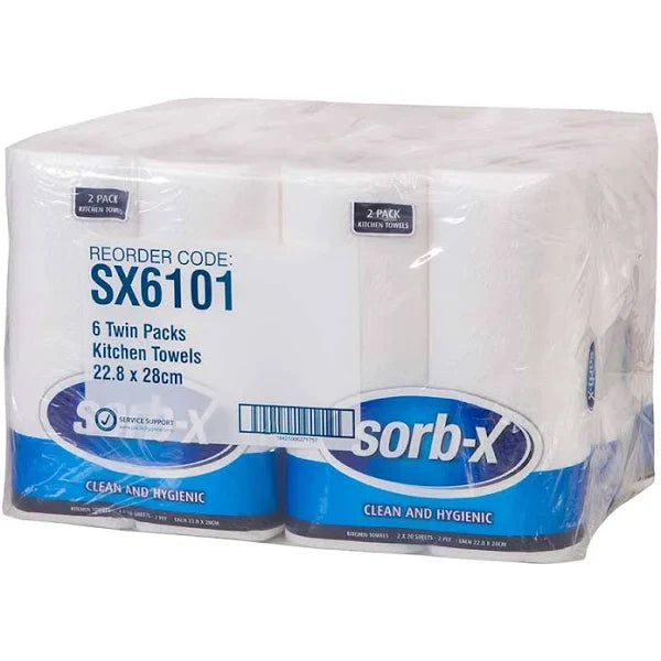 Sorb-X White Kitchen Towel, 70 Sheets/Roll, 2 Rolls/Pack, Carton of 6 Packs