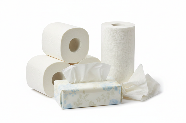 toilet rolls, paper towels, facial tissues in one photo, photo looks nice and tight
